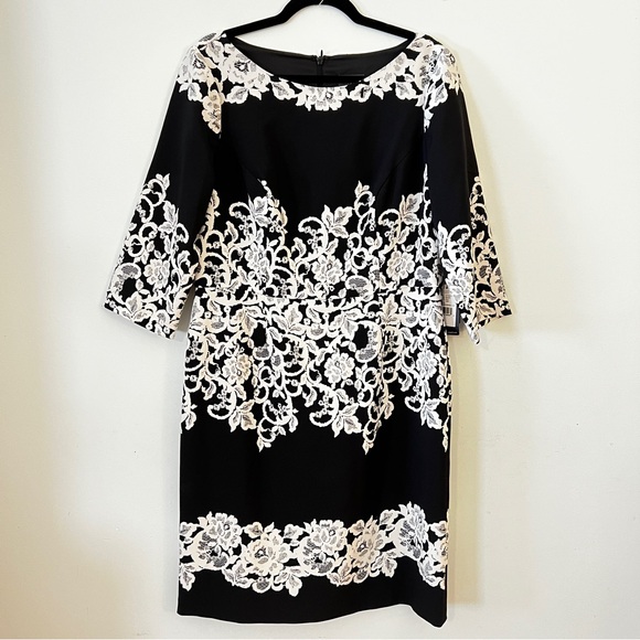Adrianna Papell Black and White Sheath Dress with Bateau Neckline - Picture 1 of 13